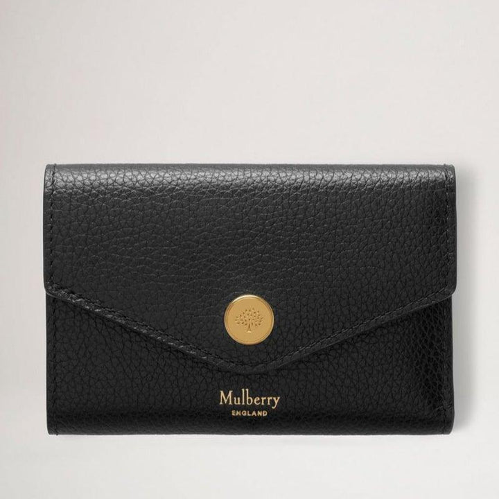 Mulberry Portemonnaie Gefaltetes Multi-Card-Portemonnaie Schwarz mit strukturiertem schwarzem Leder und goldenem Knopf, Modell RL6447205A100