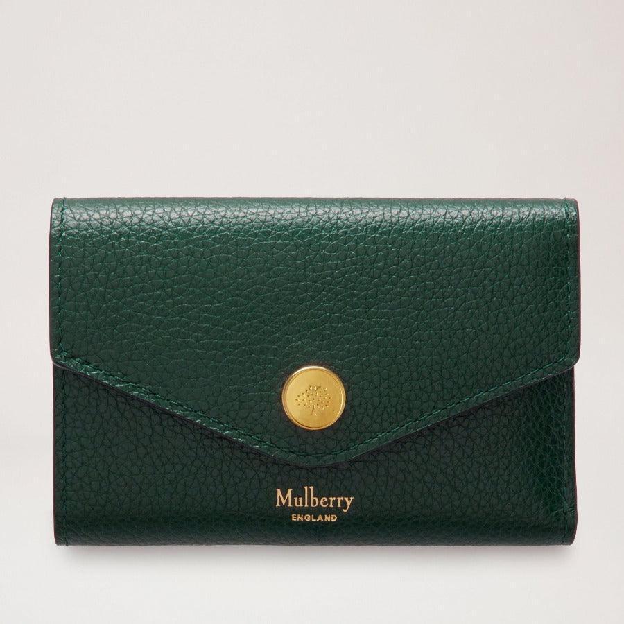 Mulberry Brieftasche, gefaltete Multicard-Geldbörse Mulberry Grün aus grünem Leder mit goldenem Knopf, Modell RL6447205Q633