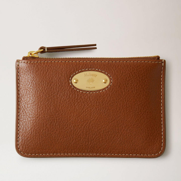Mulberry Geldbörse mit Schild, klein, mit Reißverschluss, Eiche NVT Legacy aus braunem Leder mit goldenem Etikett, Modell RL7084275G110
