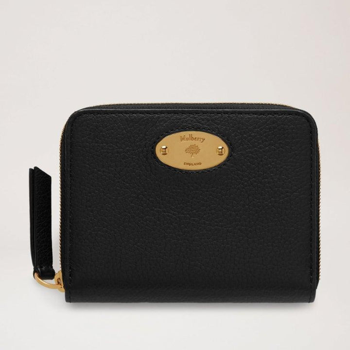 Mulberry Geldbörse Kleine Plakette mit umlaufendem Reißverschluss Classic Grain Black aus schwarzem Leder mit goldener Frontplatte, Modell RL5680013A100