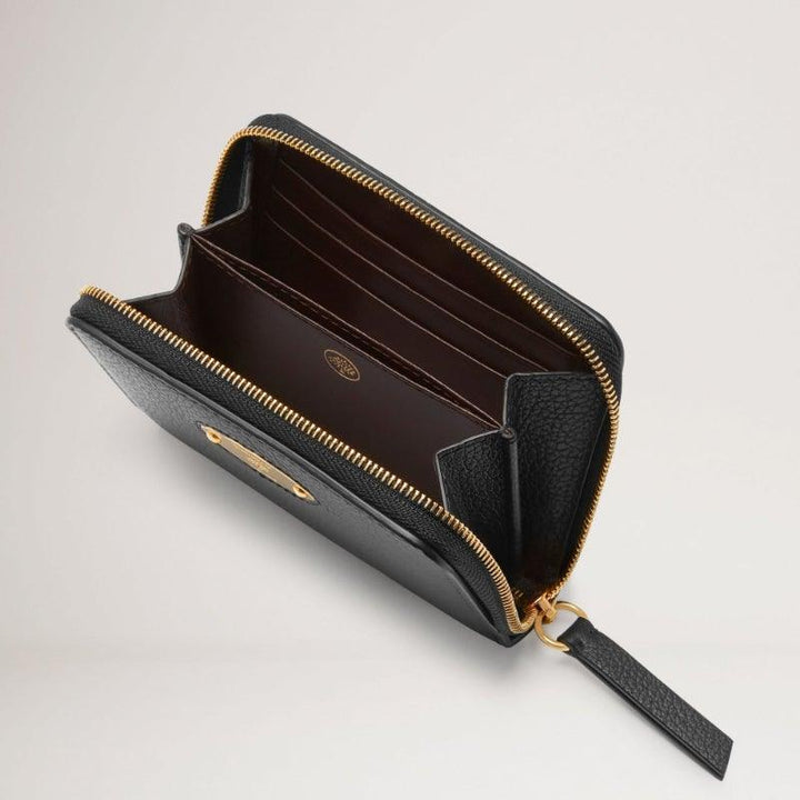 Mulberry Geldbörse Kleine Plakette mit umlaufendem Reißverschluss Classic Grain Black, schwarze Ledergeldbörse mit goldenem Reißverschluss, Modell RL5680013A100