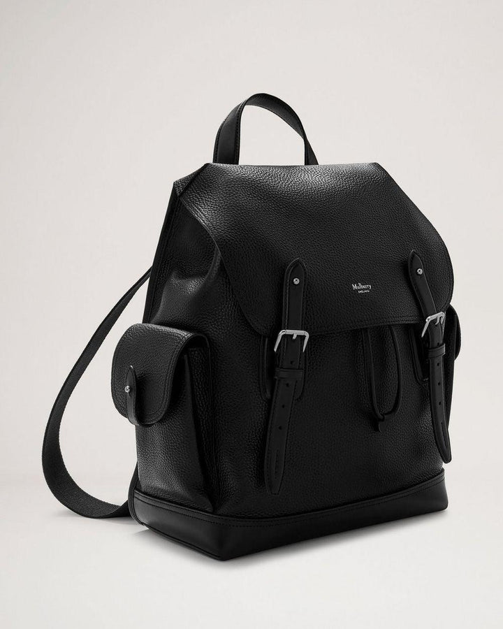 Mulberry Rucksack Heritage Rucksack aus schwarzem Leder mit zwei Seitentaschen, Modell HH5005346A100.