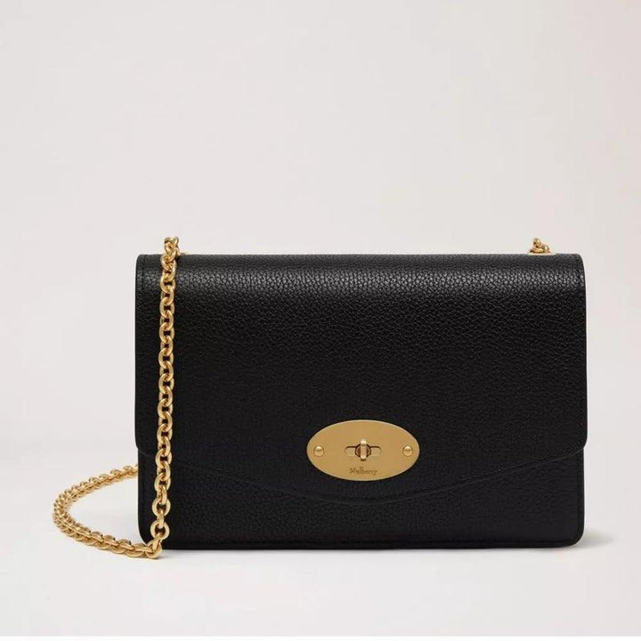 Mulberry Klein Darley schwarze Tasche aus klassischem Narbenleder mit goldener Kette, Modell RL5004205A100