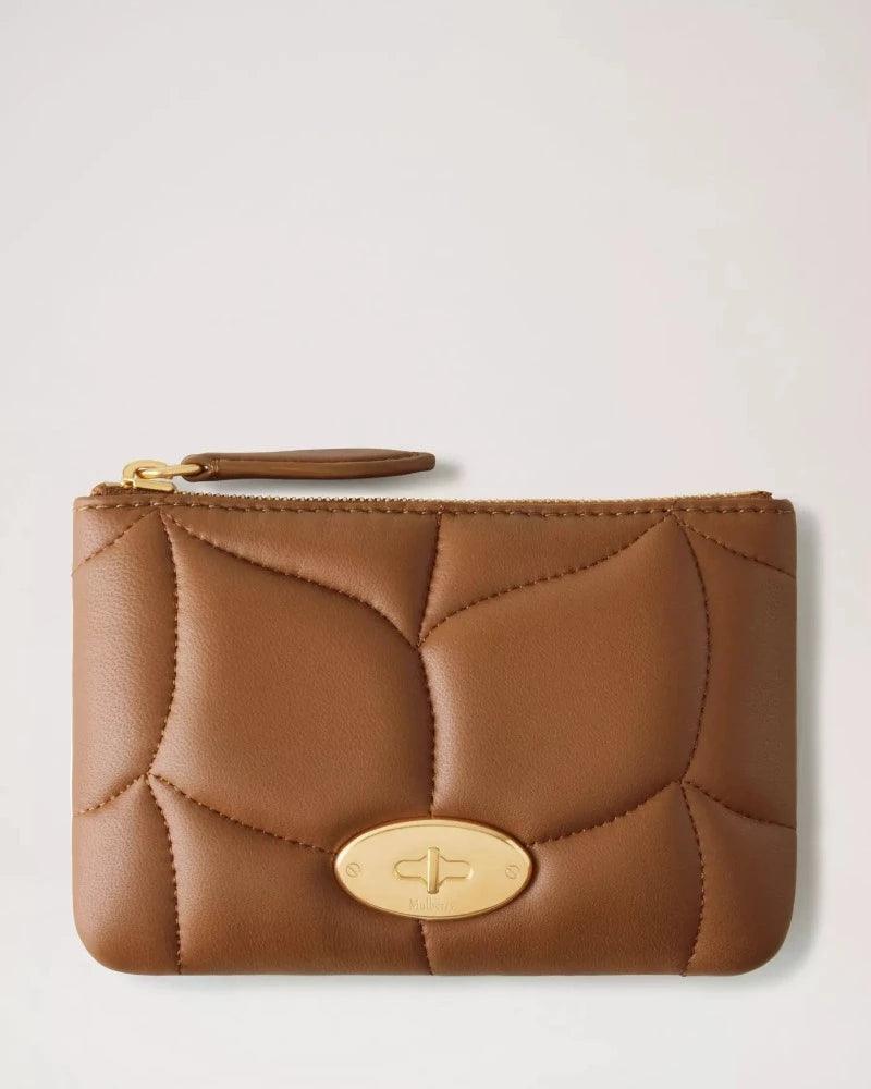 Mulberry Softie Zip Coin Pouch aus braunem gestepptem Leder mit goldfarbenem Reißverschluss, Modell RL7612530G911.