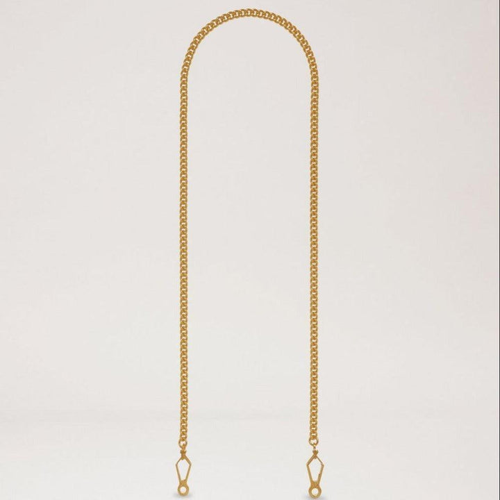 Mulberry Strap Gold Chain Brass zeigt eine elegante goldene Messingkette mit Endbeschlägen. Modell rx0028669p140-1.