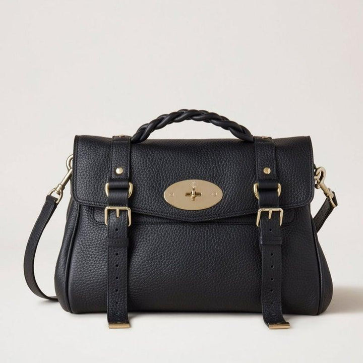 Mulberry Tasche Alexa Black Heavy Grain, schwarze Umhängetasche aus genarbtem Leder mit goldfarbenen Details, Modell HH6746736A100