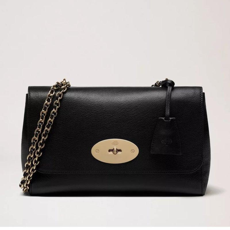 Mulberry Tasche Mittel Lily Schwarze glänzende Ziege aus schwarzem Leder mit goldenem Kettenriemen, Modell HH3297874A100.