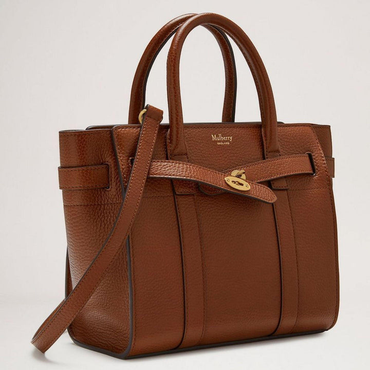 Mulberry Tasche Mini mit Reißverschluss Bayswater Eiche aus glattem, braunem Leder mit goldenen Details und Schulterriemen. Modell hh8730552g110