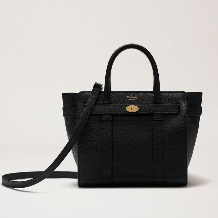Mulberry Tasche Mini mit Reißverschluss Bayswater Kleine Tasche aus schwarzem, klassischem Grain Black-Leder mit goldenen Details und verstellbarem Schultergurt. Modell hh4949205a100