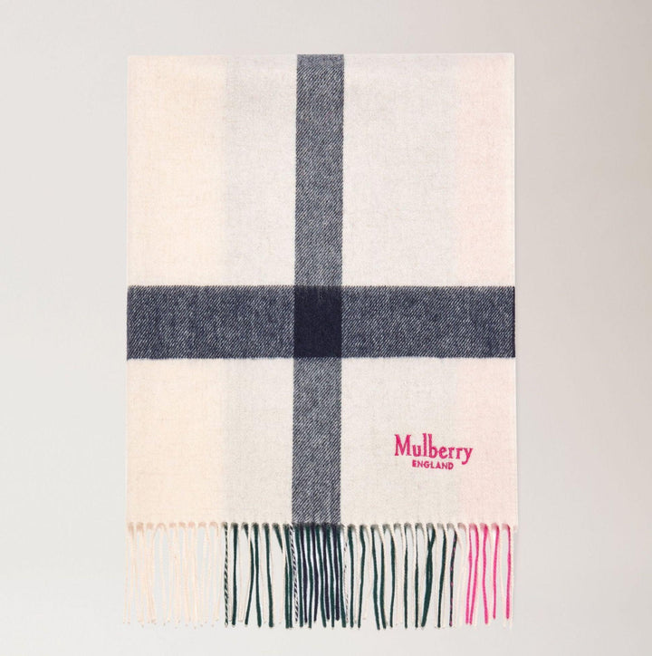 Mulberry Schal Großer Merinowollschal 70 x 200, heller Schal mit dunklen Karos und Fransen, Modell vs4295889h130