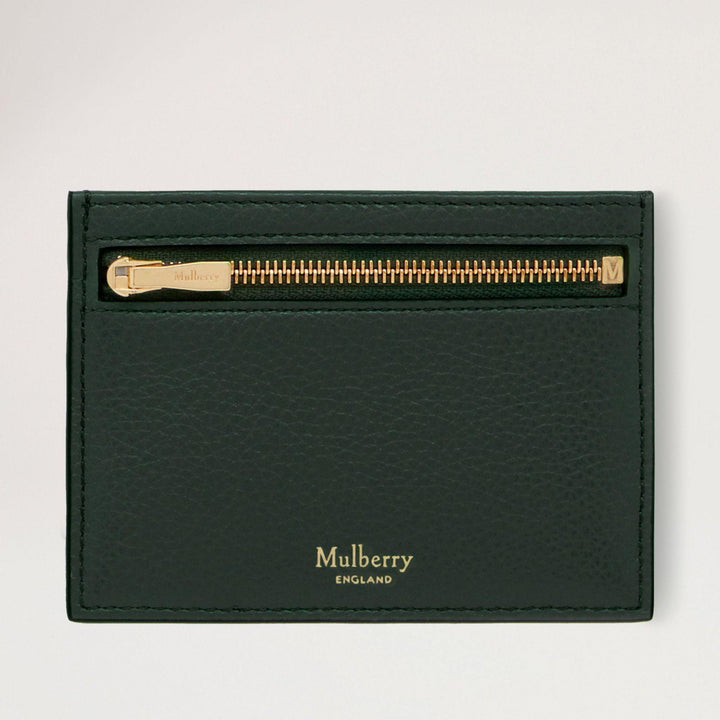 Mulberry Kreditkartenetui mit Reißverschluss aus dunkelgrünem Leder mit goldfarbenem Reißverschluss, Vorderansicht. Modell RL6466205Q633