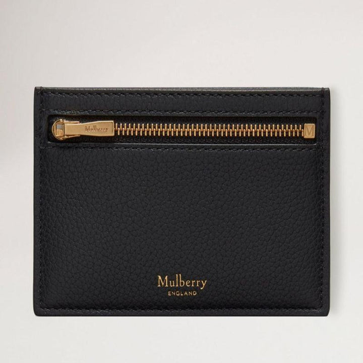 Mulberry Kreditkartenetui mit Reißverschluss, klein, klassisch genarbt, schwarz mit sichtbarem Reißverschluss und goldenen Details, schwarzes Leder. Modell RL6466205A100