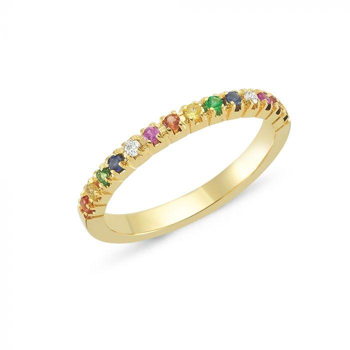 Der Nuran 14kt Pera Ring with Gemstones zeigt einen schlanken Goldring, der mit farbigen Edelsteinen besetzt ist. Modell A2500-MUL-001