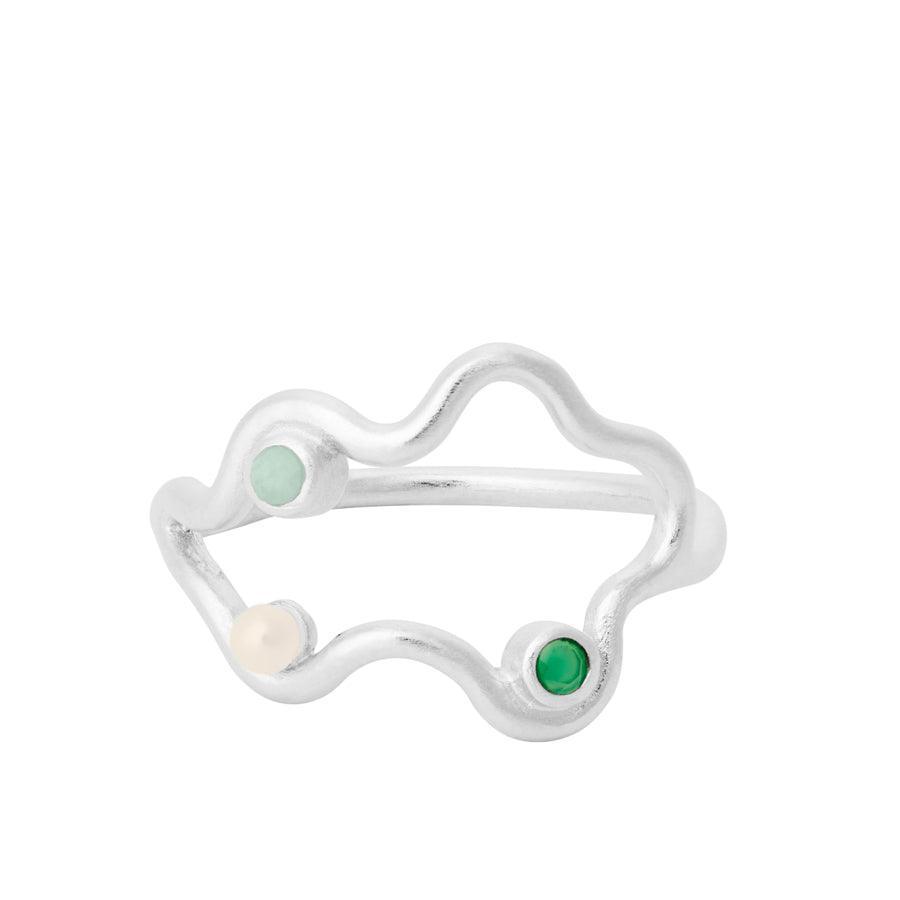 Pernille Corydon Cove Ring aus Silber mit Wellenform und drei farbigen Steinen, Modell R-116-S-004-1