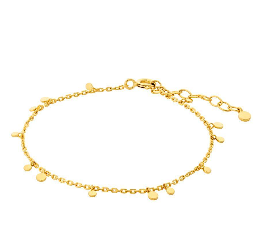 Pernille Corydon Glow Armband in Gold mit kleinen runden Anhängern, eleganter und verstellbarer Kette. Modell B-018-GP