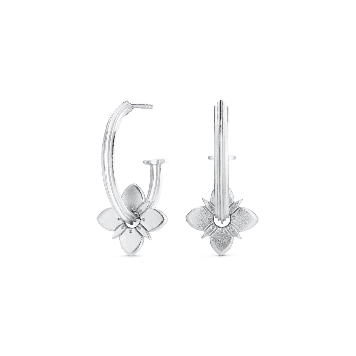 Polar Healing Hoops, elegante silberne Creolen mit Blumendetail, Modell HEA-HP-RH-00612-1